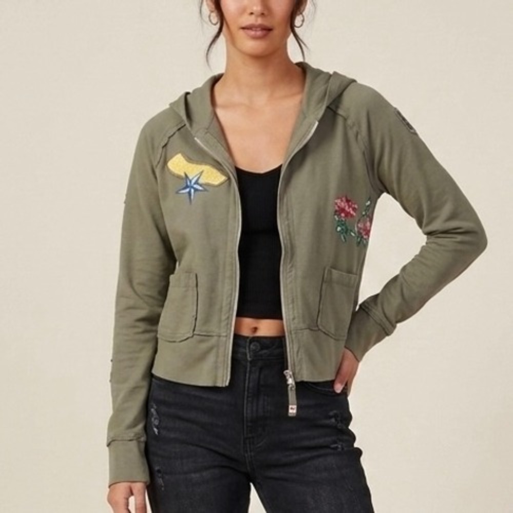 Johnny Was Olive Green Floral Embroidered Zip Up Hoodie Jacket Size Medium